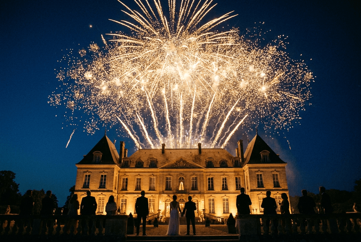 Golden fireworks over an illuminated venue