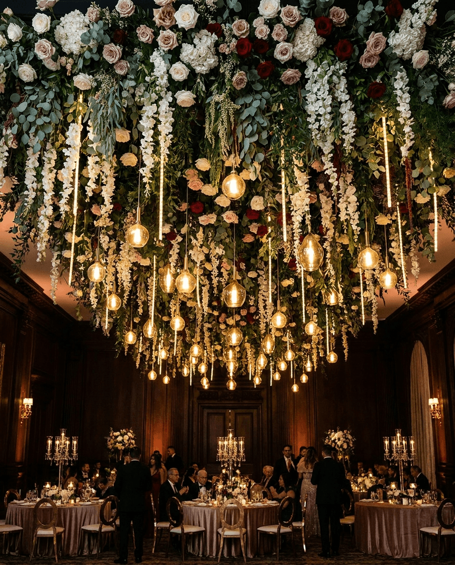 Suspended floral ceiling installation