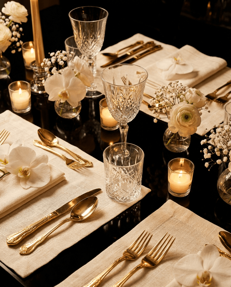 Detail of a gilded fine-dining tablescape